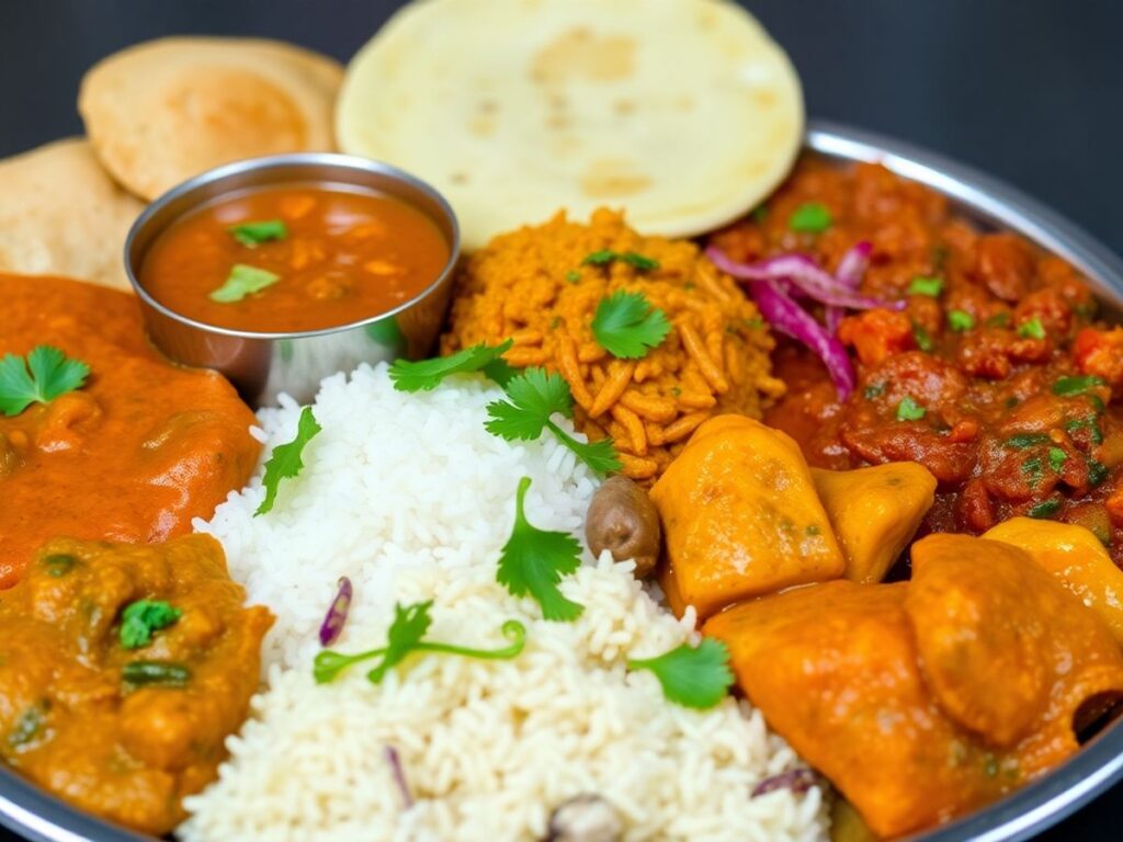 Colorful Gujarati thali with various traditional dishes.