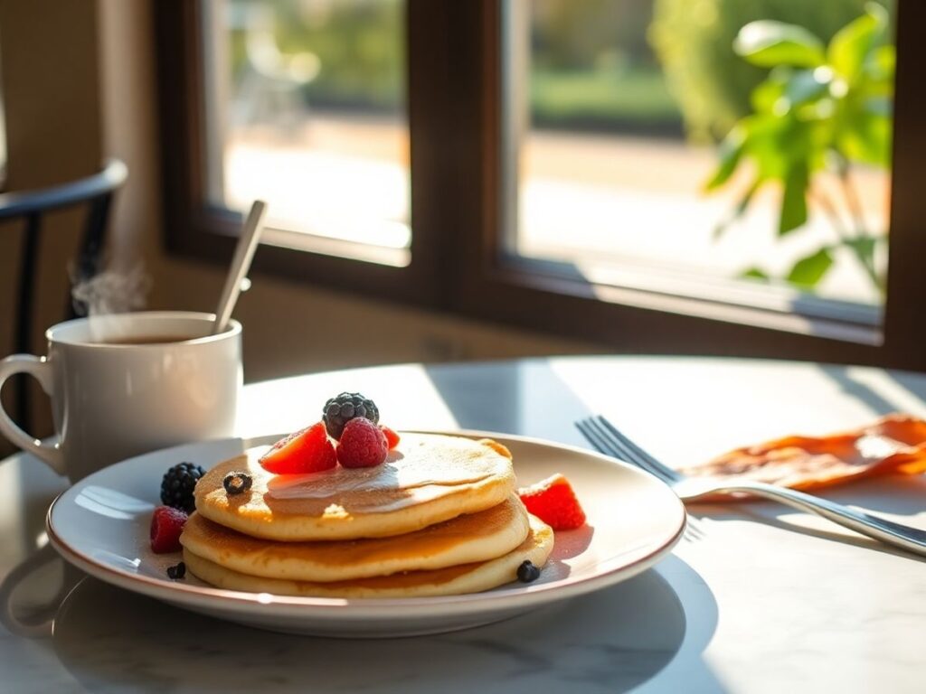 Breakfast table with pancakes, coffee, and bacon.