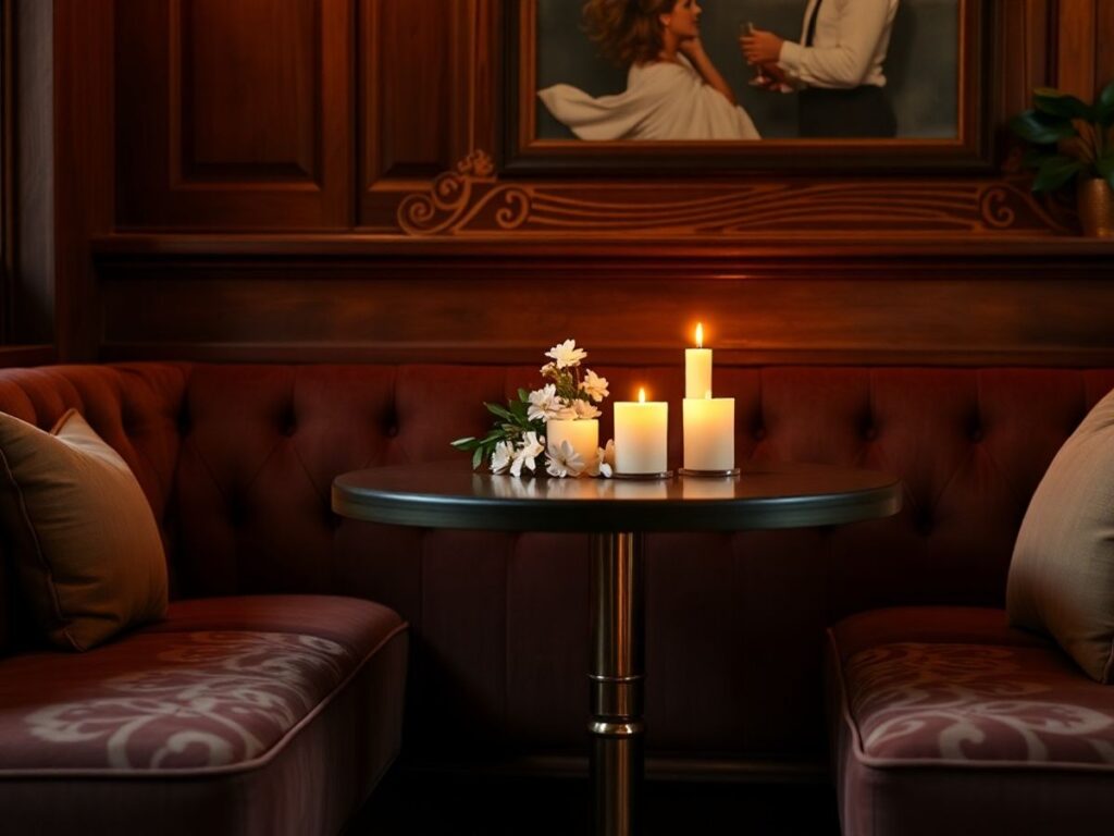 Cozy cafe table for two with candlelight and flowers.