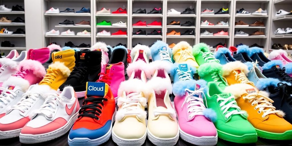 Colorful cloud shoes displayed in a retail setting.