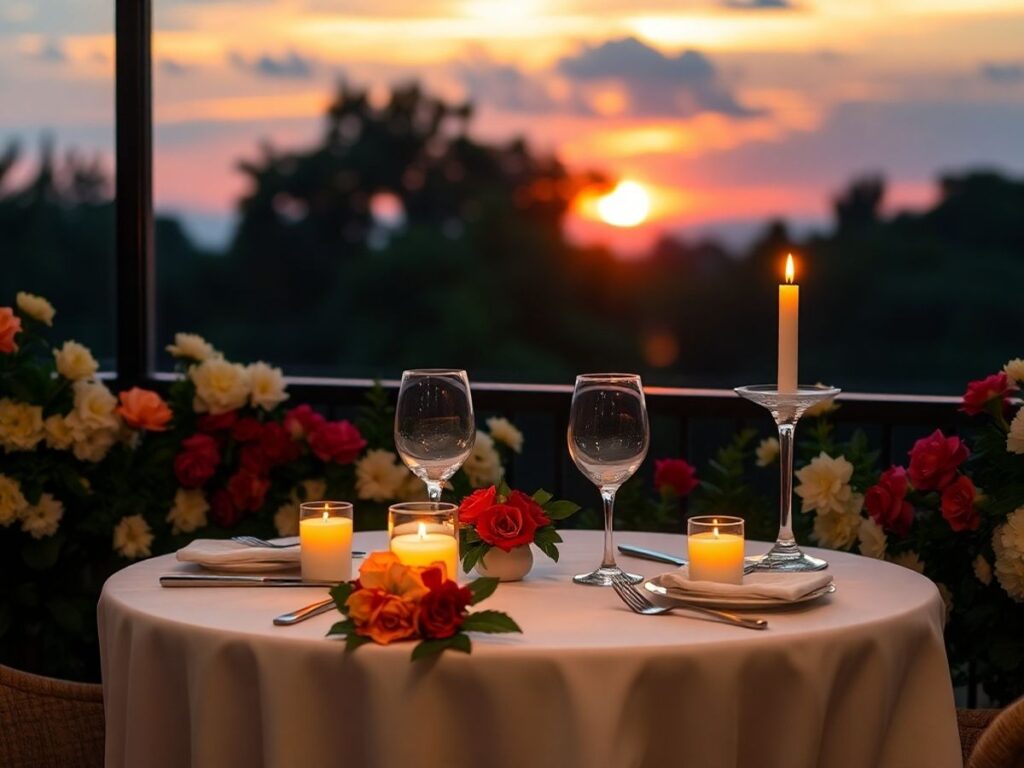 Cozy table for two with candles and flowers.