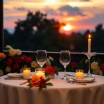 Cozy table for two with candles and flowers.