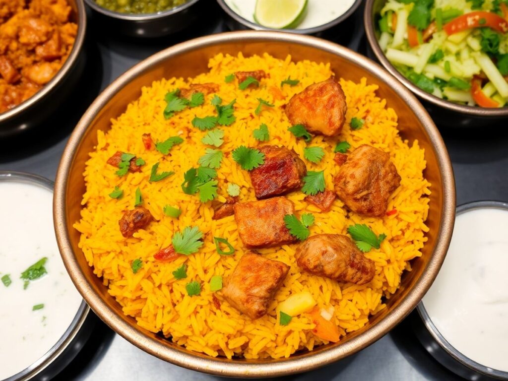 Delicious biryani with herbs and side dishes in a bowl.