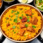 Delicious biryani with herbs and side dishes in a bowl.