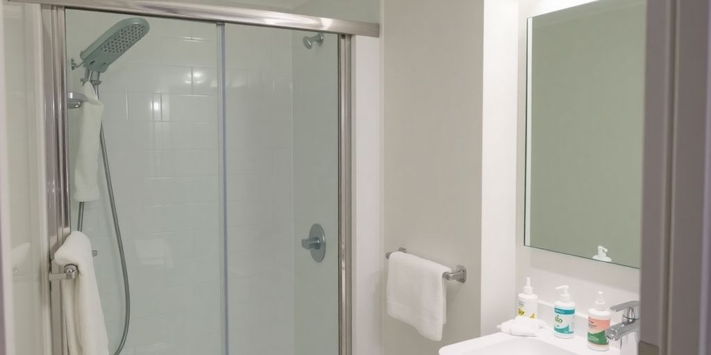 Clean shower stall with towels and toiletries in bathroom.