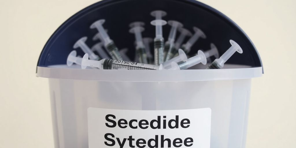 Needle disposal container with used syringes inside.