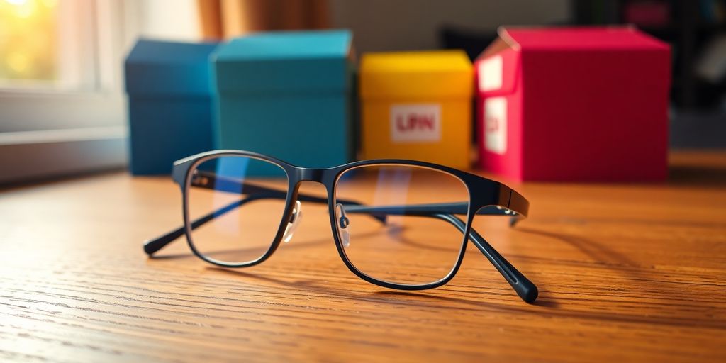 Eyeglasses on a table with donation boxes nearby.