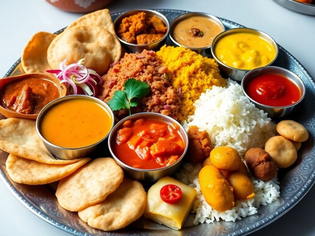 Colorful Marathi thali with various traditional dishes.