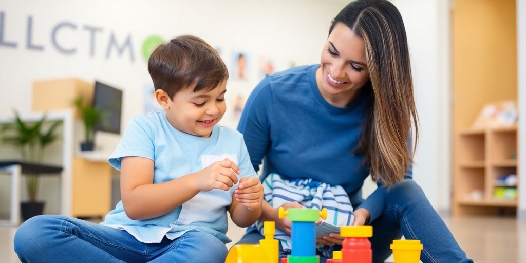 Parent and child in a welcoming clinic setting.