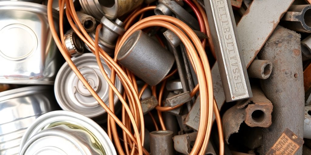 Close-up of assorted scrap metal types and textures.