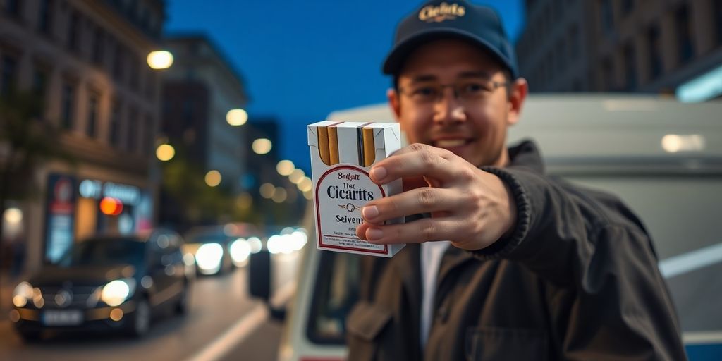 Delivery person with cigarettes in a city at night.