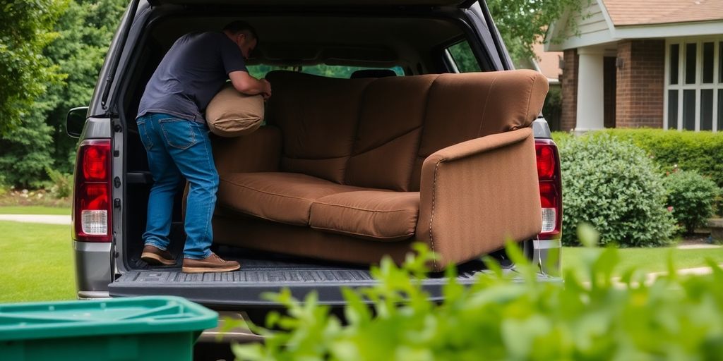 Person loading a couch into a truck for disposal.