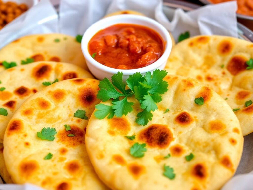 Delicious Chola Kulcha with chickpeas and chutney on plate.