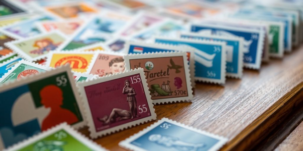 Colorful postage stamps on a wooden table.