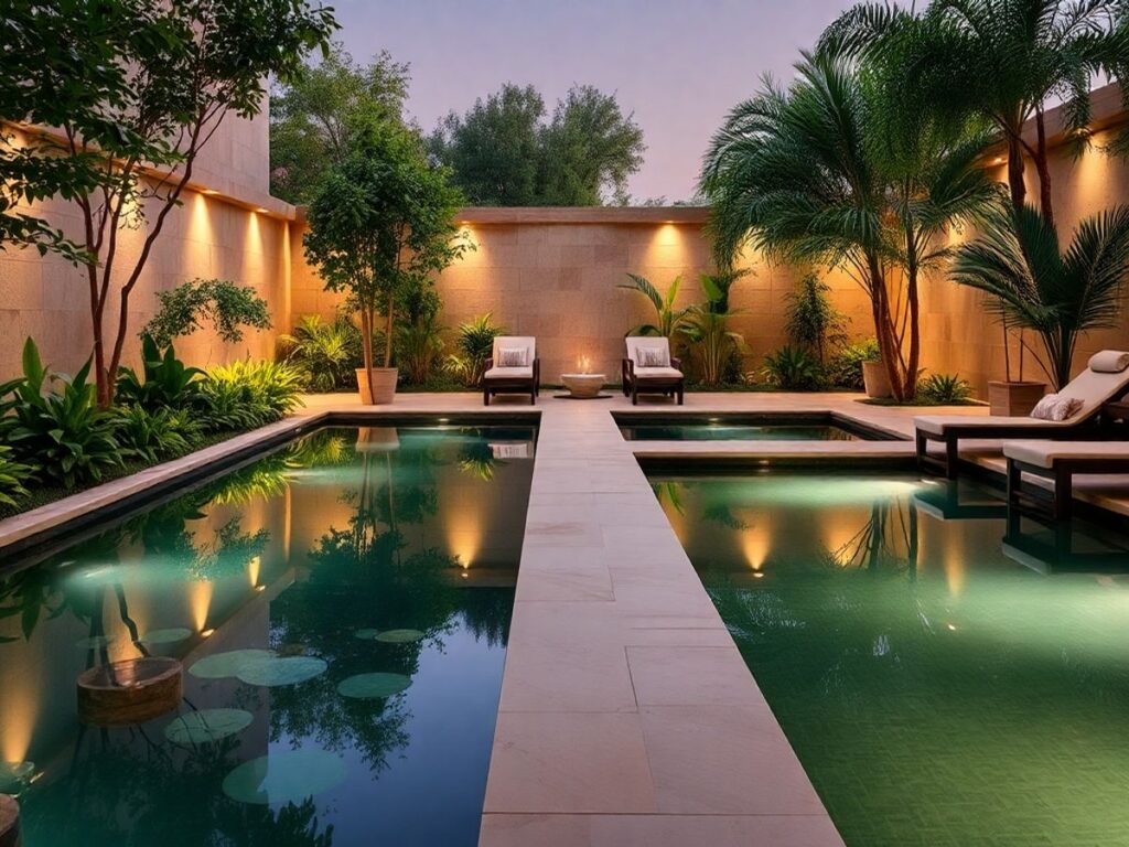 Relaxing spa environment with greenery and water features.