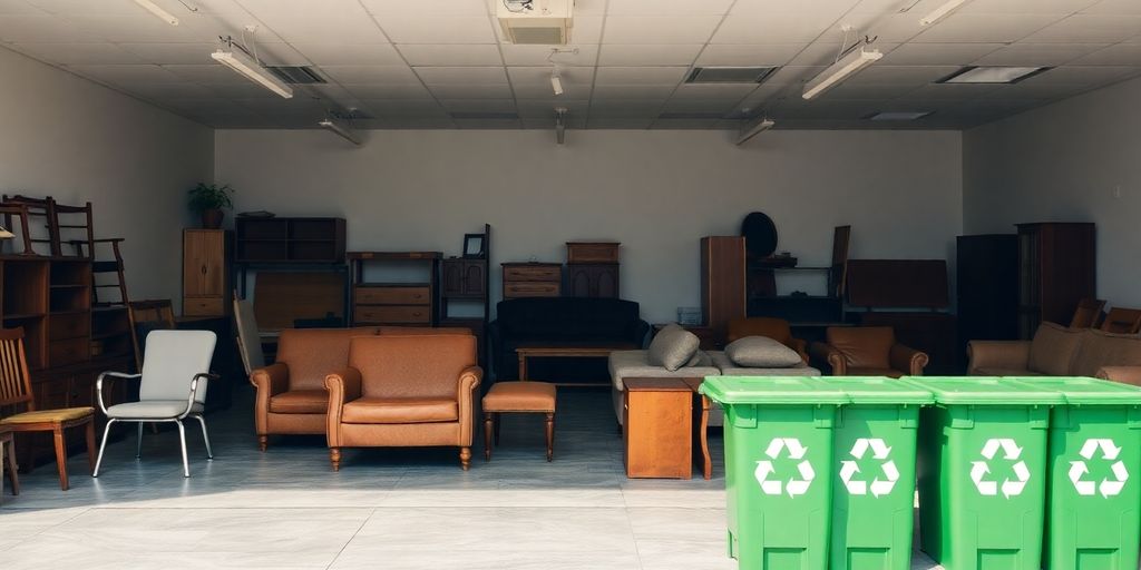 Drop-off center with old furniture for recycling.