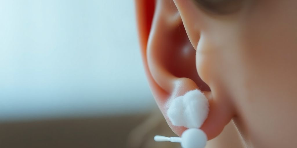 Close-up of a clean ear with a cotton swab.