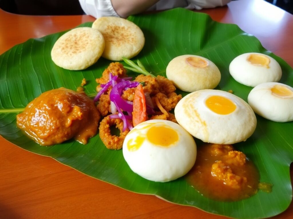 Colorful South Indian dishes on a banana leaf.