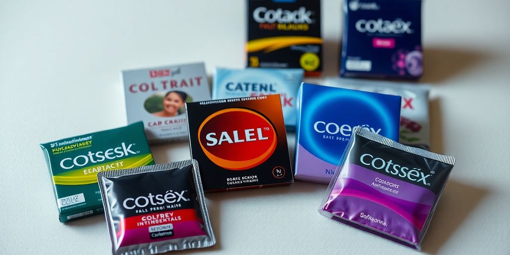 Various condom packages on a neutral background.