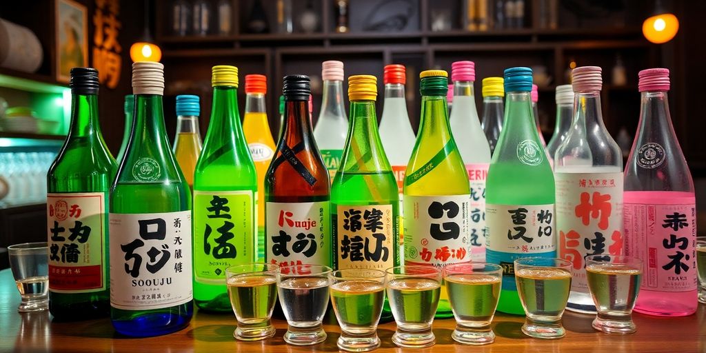 Colorful soju bottles on a wooden table with glasses.