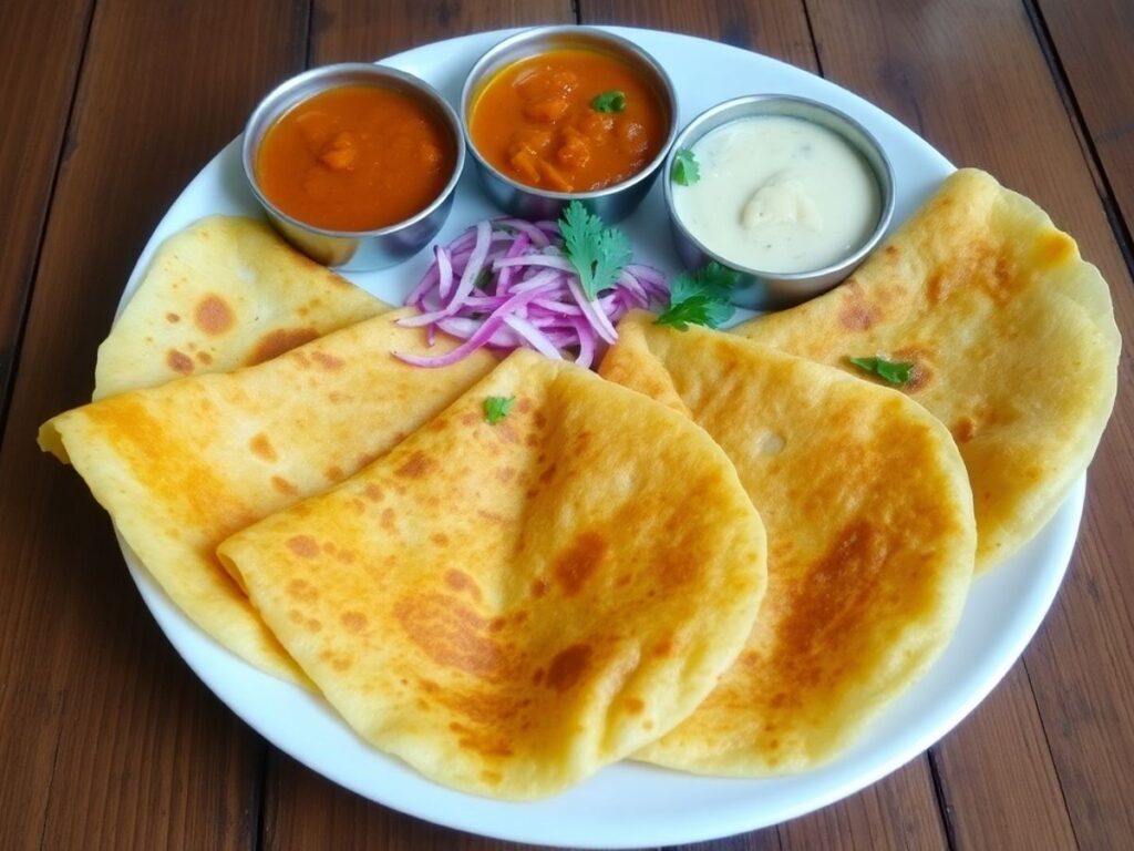 Plate of crispy dosas with chutneys and sambar.