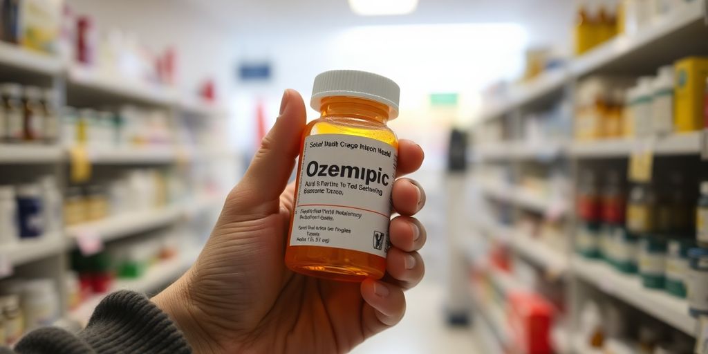 Person holding Ozempic prescription bottle in pharmacy.