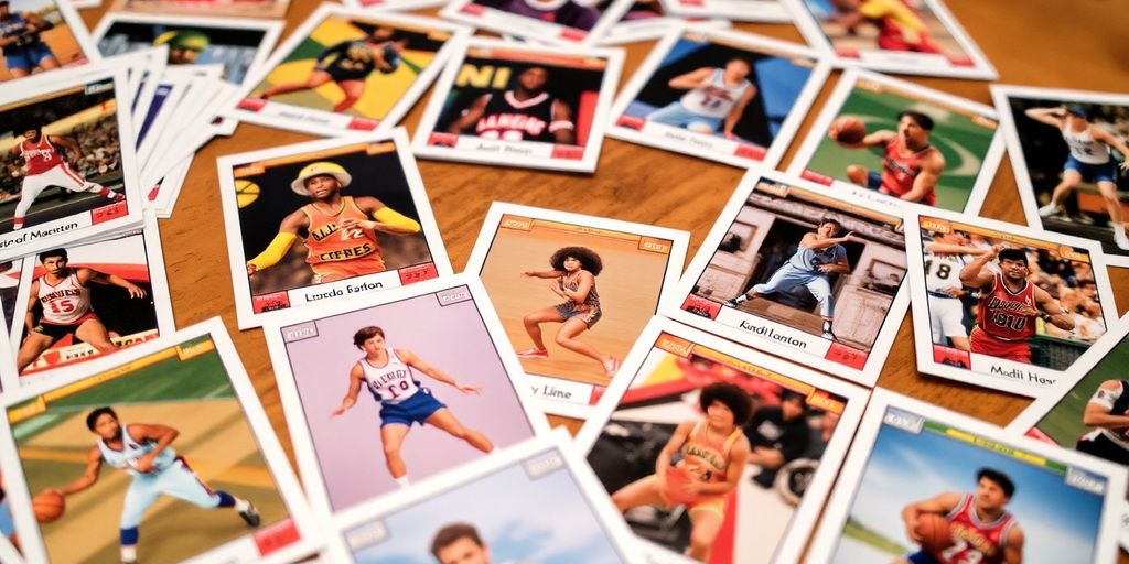 Colorful sports cards on a wooden table.