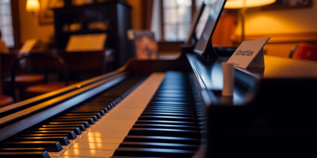 Polished piano in a cozy room with warm lighting.