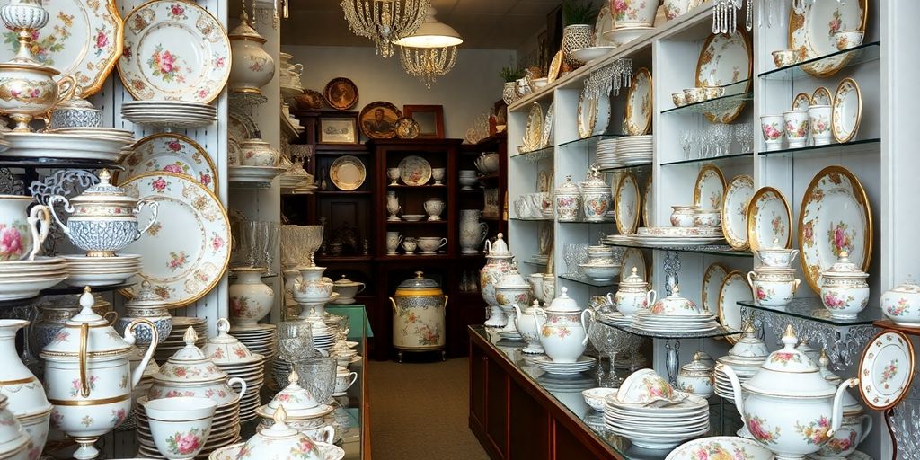 Display of fine china and crystal in a shop.