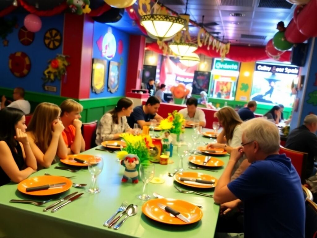 Themed restaurant table with colorful decor and unique tableware.