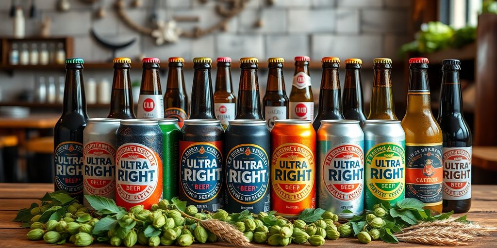 Assorted Ultra Right Beer cans on a wooden table.