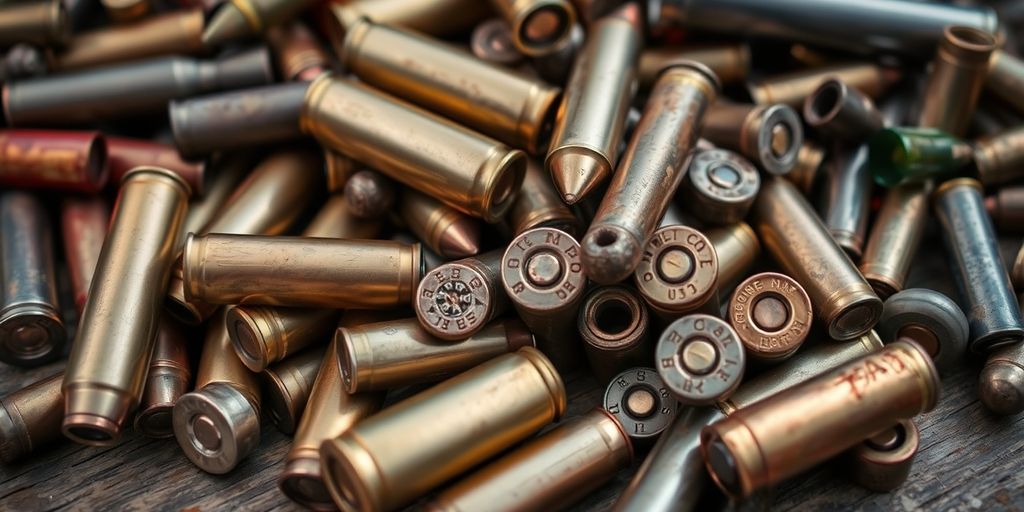 Close-up of scrap ammunition on a wooden surface.