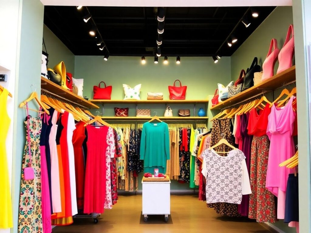 Stylish women's clothing in a bright store interior.