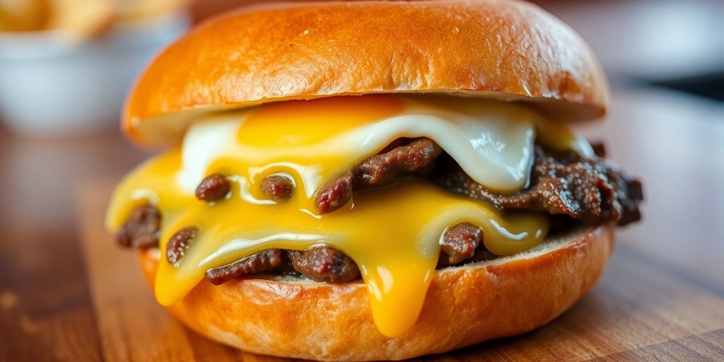 Close-up of steak, egg, and cheese bagel.