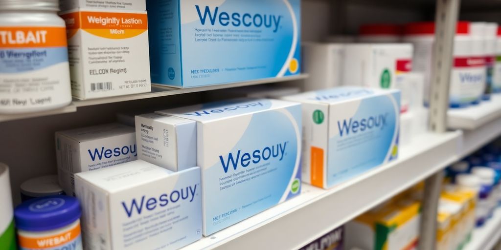 Pharmacy shelf with Wegovy medication in stock.