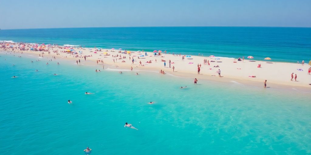 People swimming at a sunny beach with colorful umbrellas.