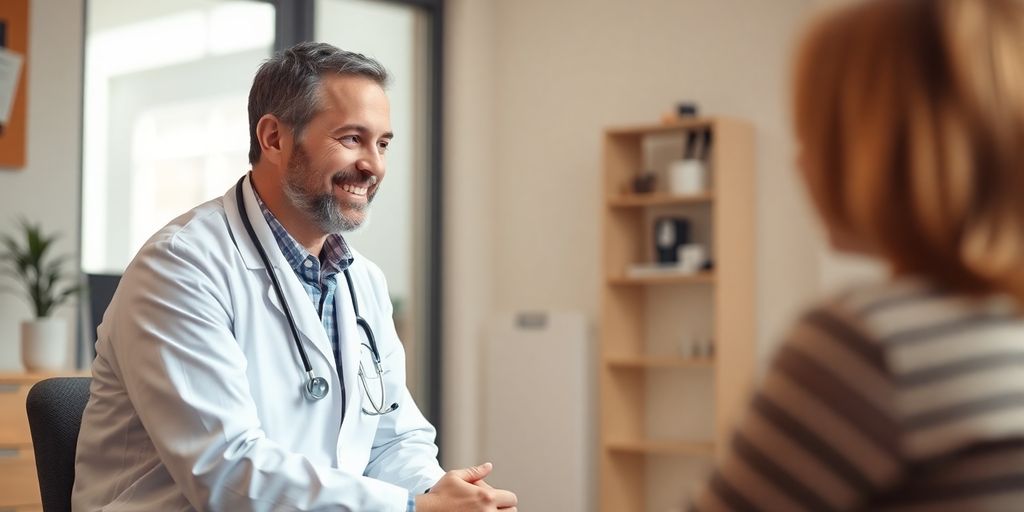 Doctor consulting with a patient in a bright office.