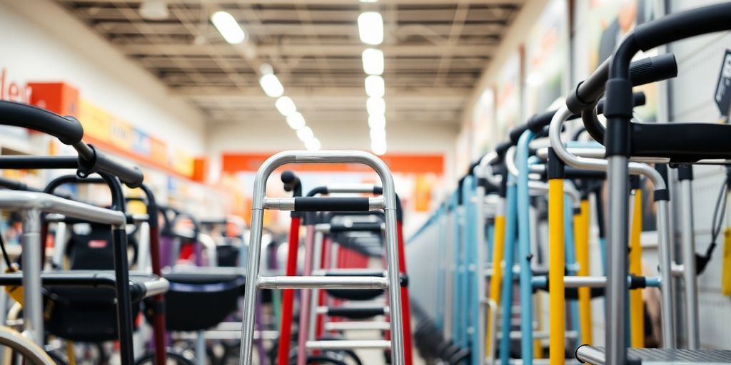 Various walkers for elderly in a store aisle.