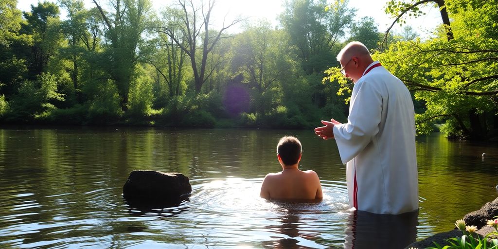 Outdoor baptism by a river with lush greenery.