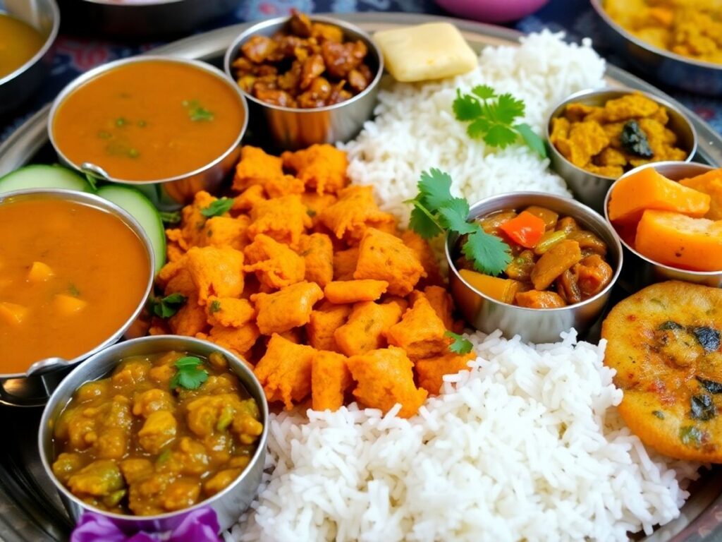 Colorful Gujarati thali with various traditional dishes.