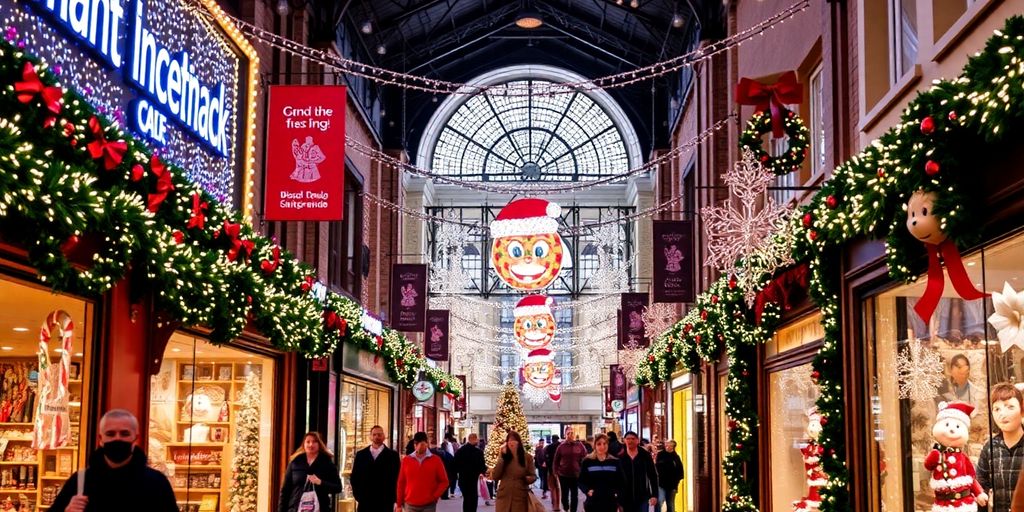 Shoppers outside stores decorated for Christmas Day.