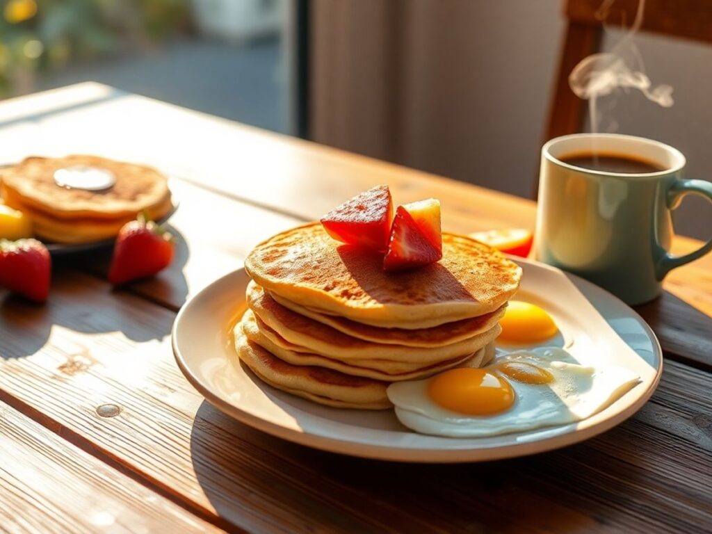 Delicious breakfast spread with pancakes, eggs, and coffee.