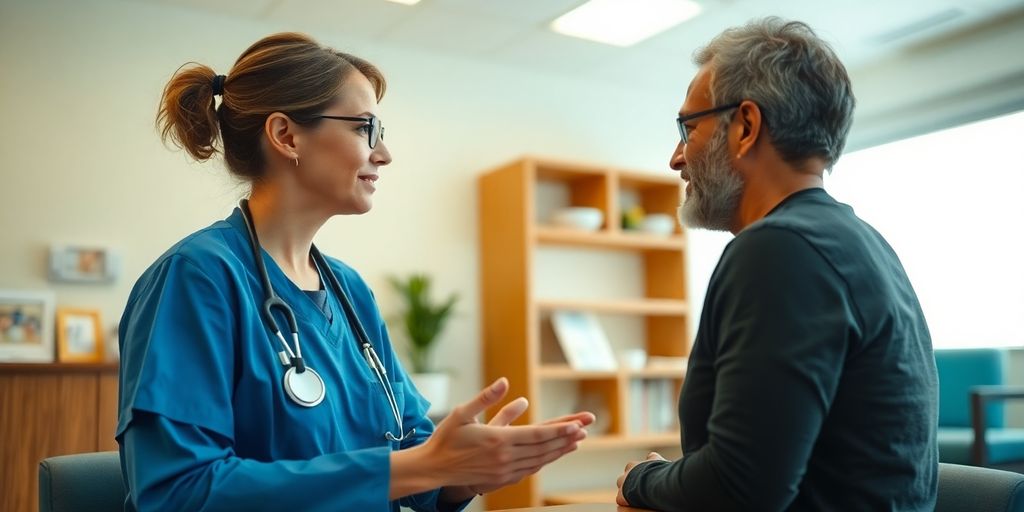 Healthcare professional consulting with a patient in clinic.