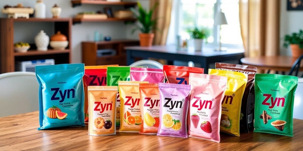 Colorful Zyn products on a wooden table.