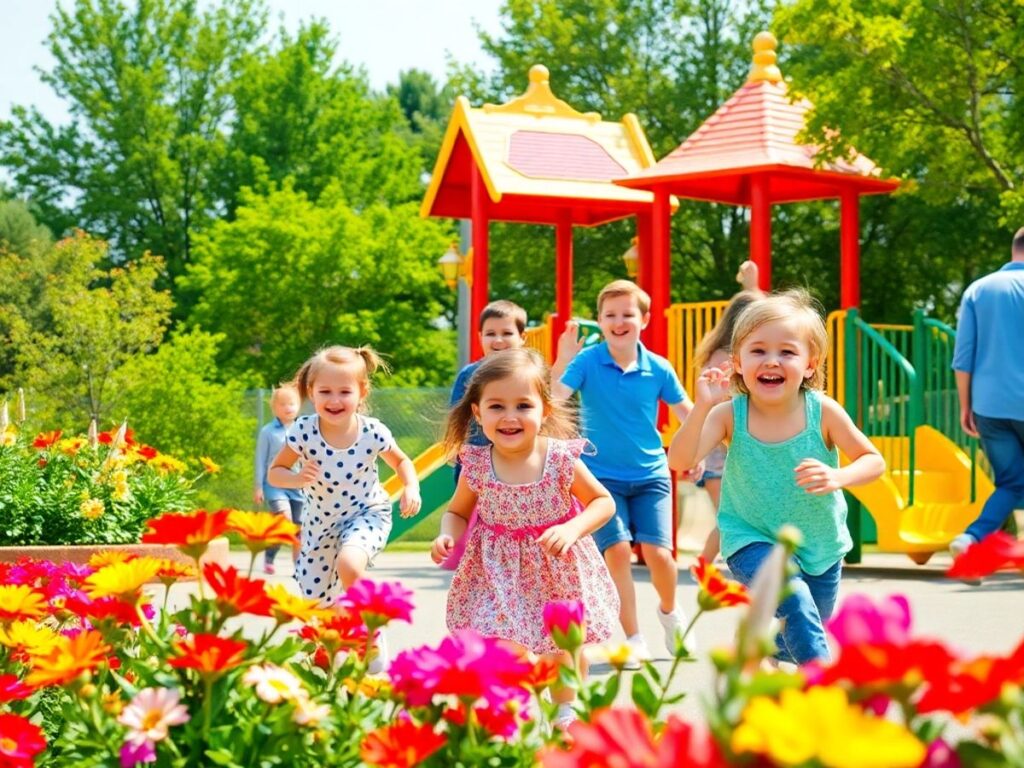 Children playing at a colorful playground with families.