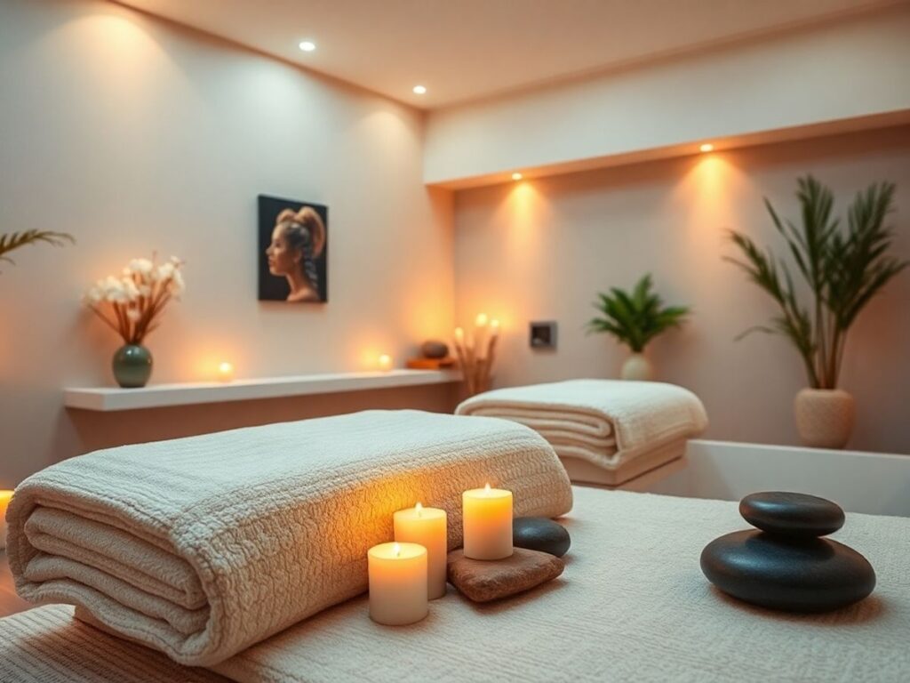 Relaxing spa room with candles and soft lighting.