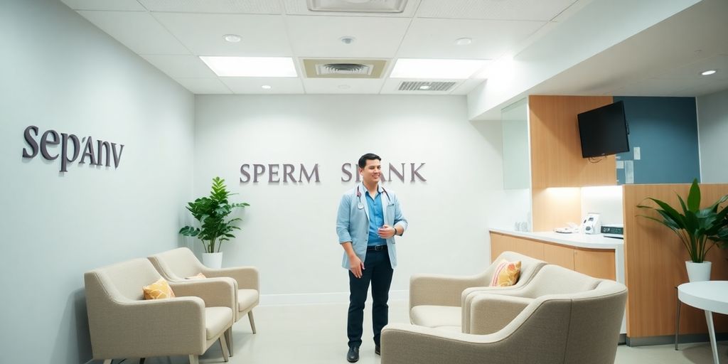 Interior of a sperm bank with a donor and staff.