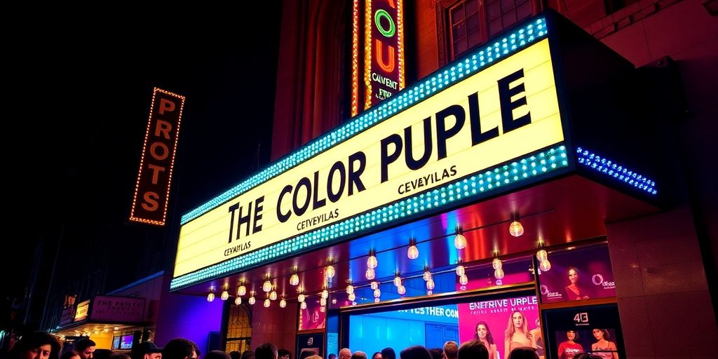 Theater marquee with colorful lights and excited crowd.