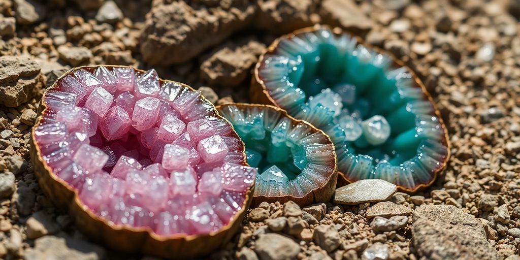 Close-up of colorful geodes in rocky landscape.