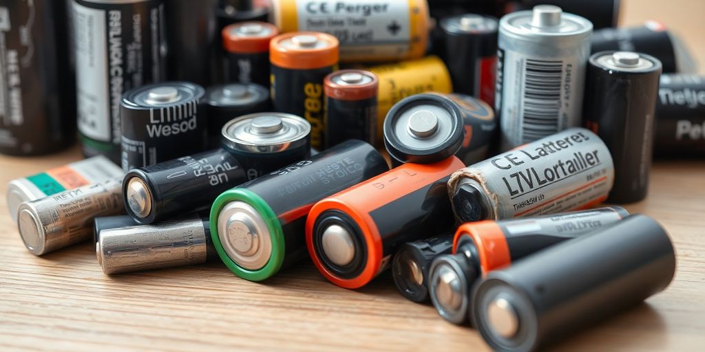 Used batteries on a wooden surface ready for recycling.